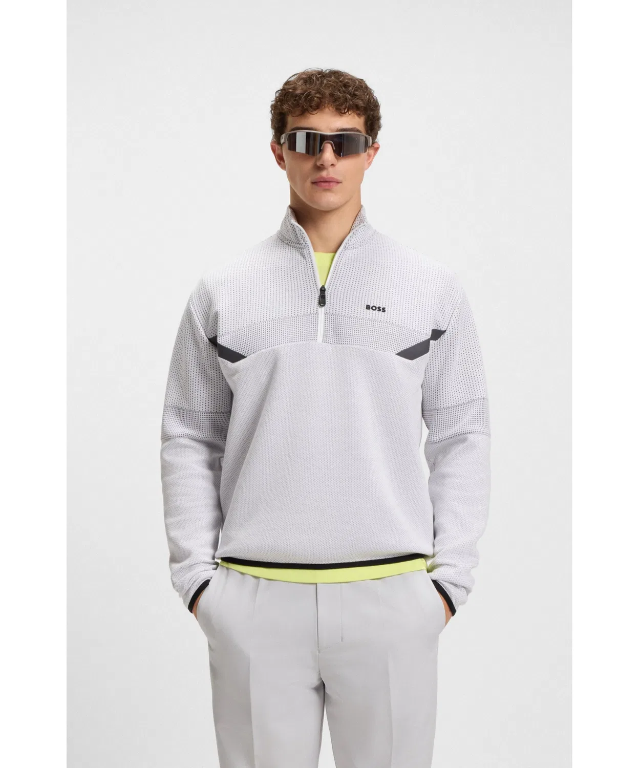Свитшот с четверть-молнией BOSS Relaxed Fit, стёганый жаккард, белый