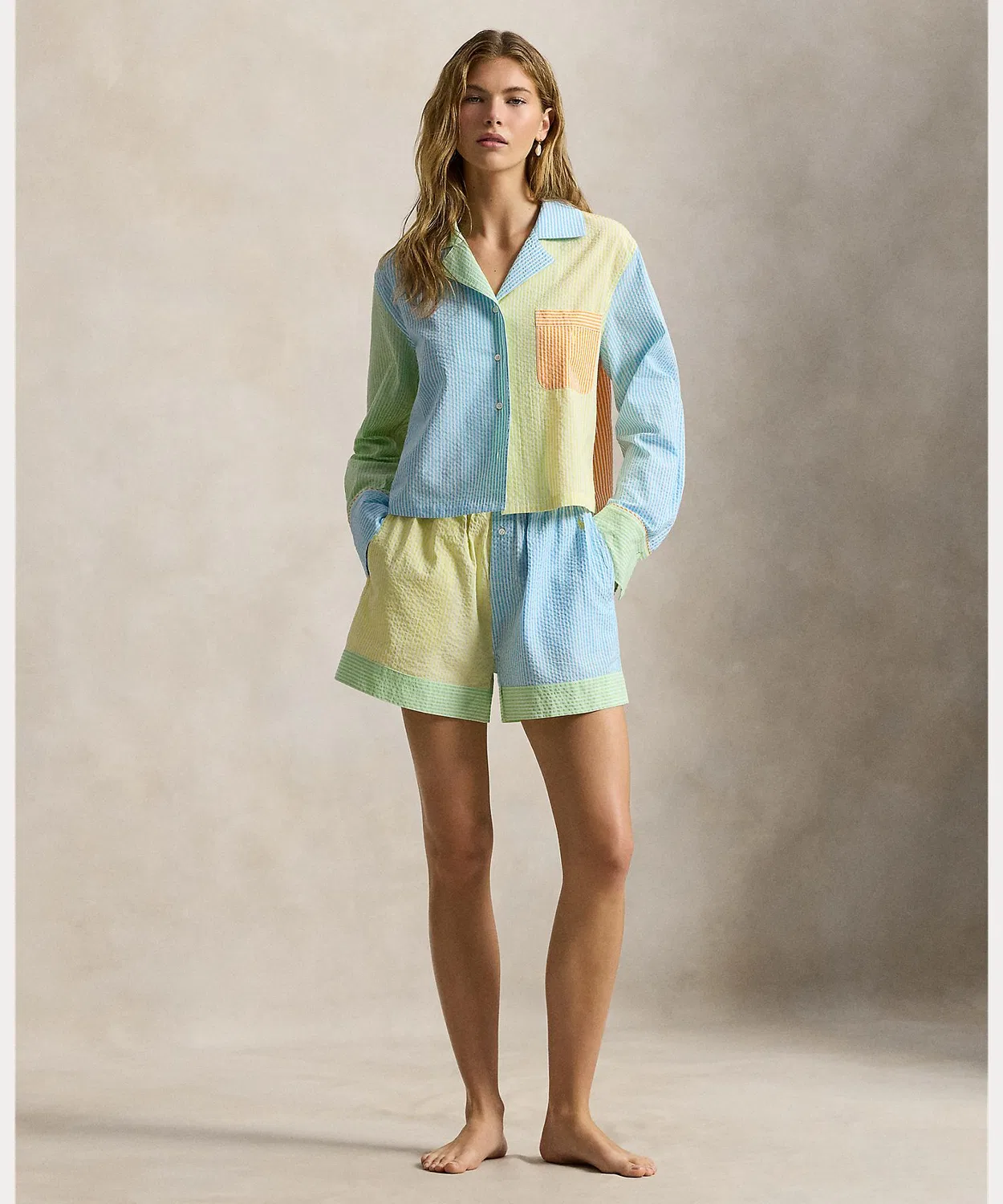 Пижама из сизалькера с полосками Ralph Lauren, комплект из рубашки и шорт, мультиколор