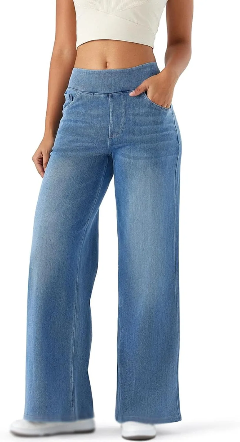 

Женские брюки деним Baggy Stretchy High Waisted Wide Leg Pull on с эффектом Tummy Control