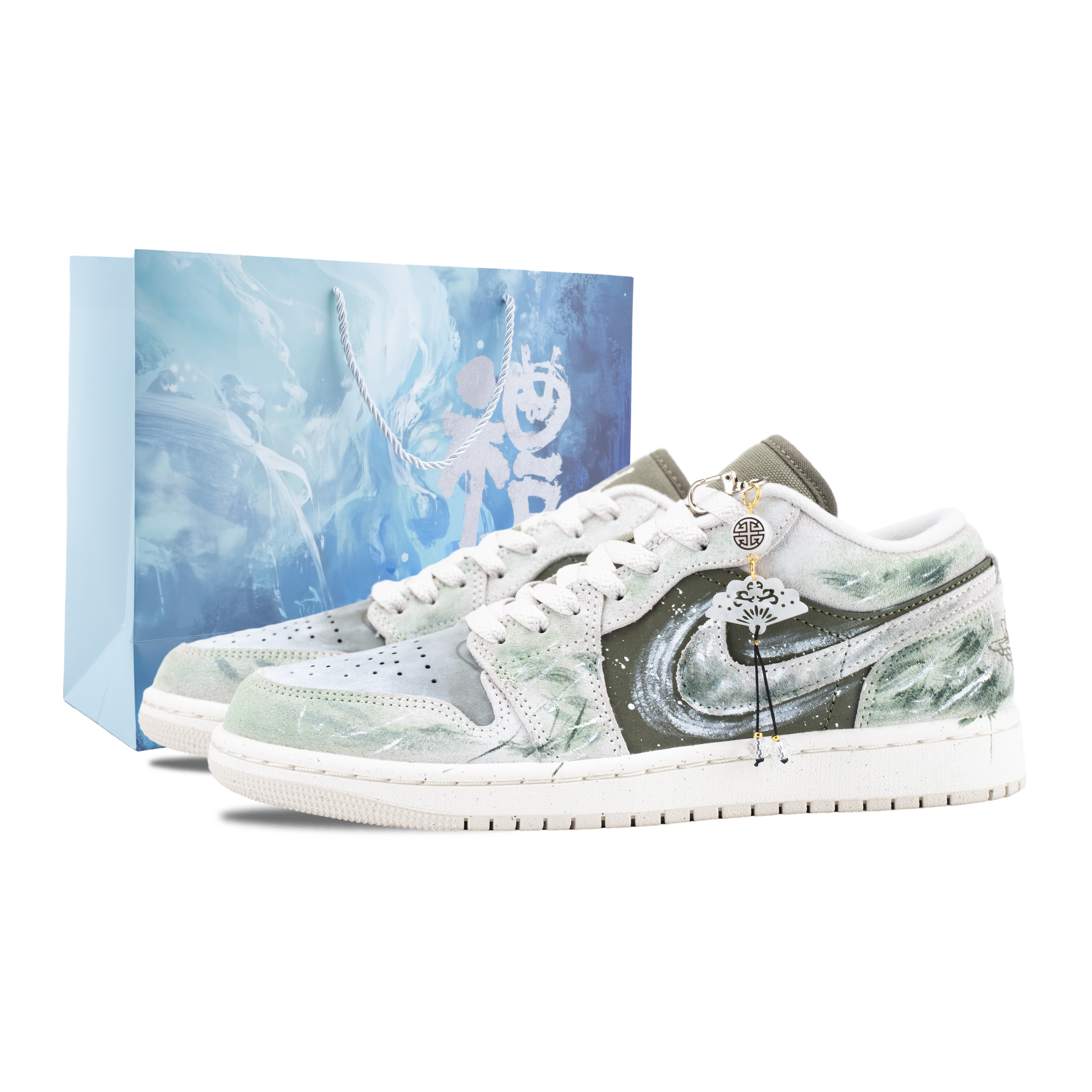 

Jordan Air 1 Cyan Glaze Smoky Blue Abrasion Resistant Low top Vintage Basketball Shoes Unisex White Green