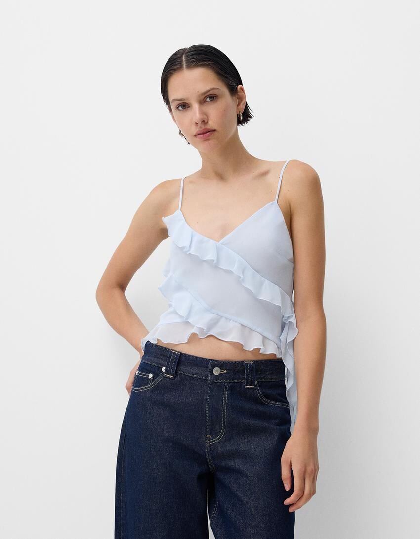 

Шифоновый топ с оборками Bershka, голубой