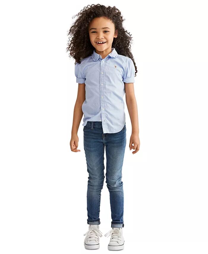 

Однотонный топ Oxford с короткими рукавами для маленьких девочек Polo Ralph Lauren, синий