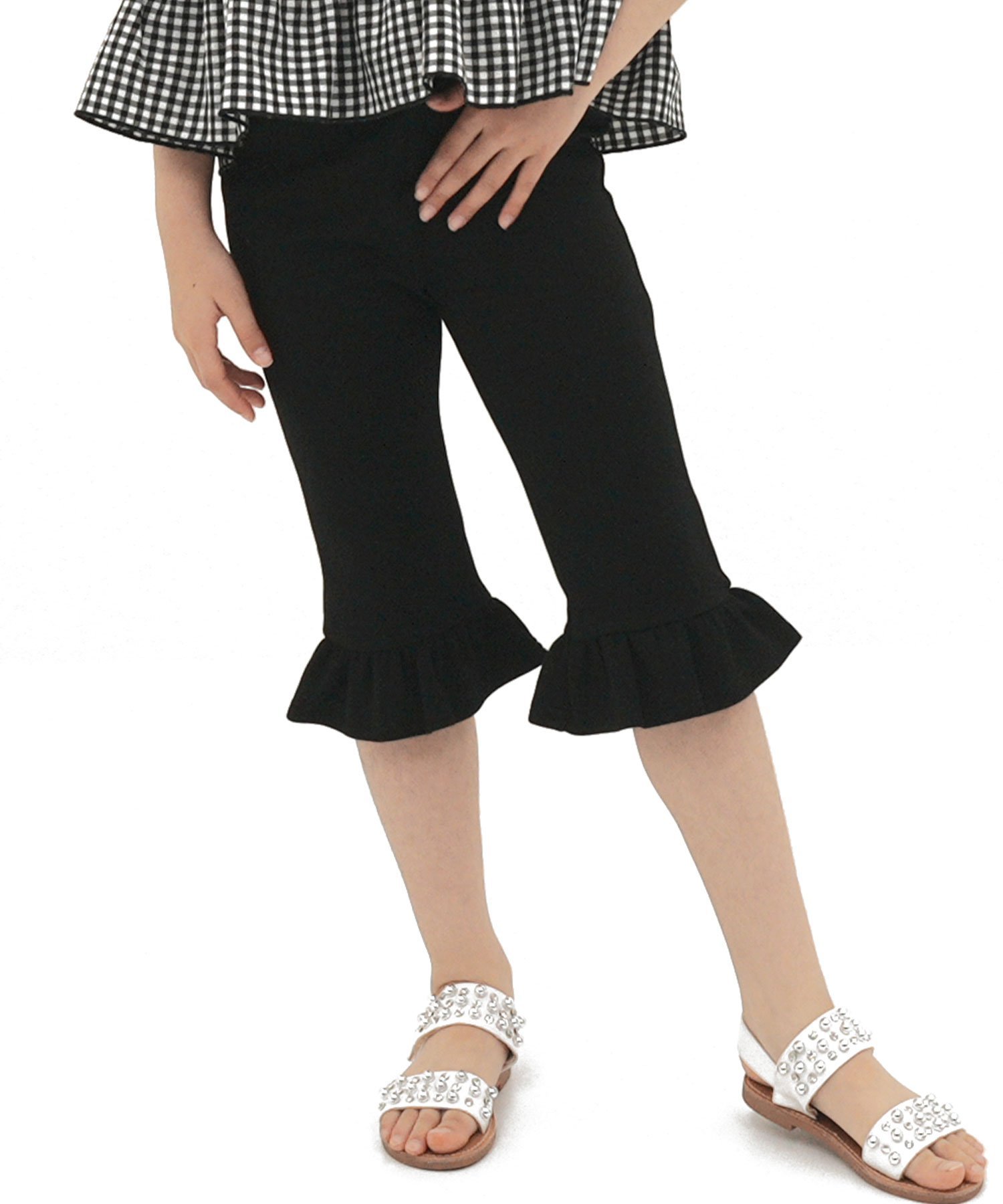 Укороченные, эластичные брюки с оборками для девочек, Bee Bee, Hem frills x Black