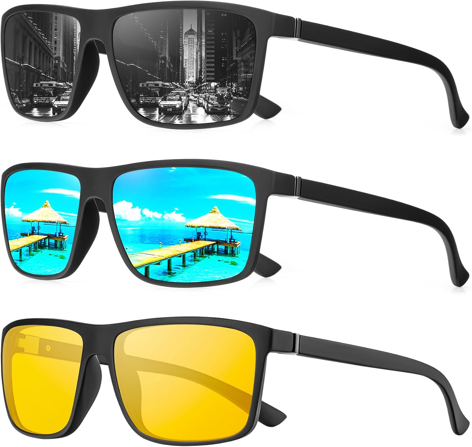 

Мужские поляризованные солнцезащитные очки NSSIW: классические солнцезащитные очки с защитой UV400 для вождения, рыбалки, гольфа, комплект из 3 штук, Black+blue+night Vision