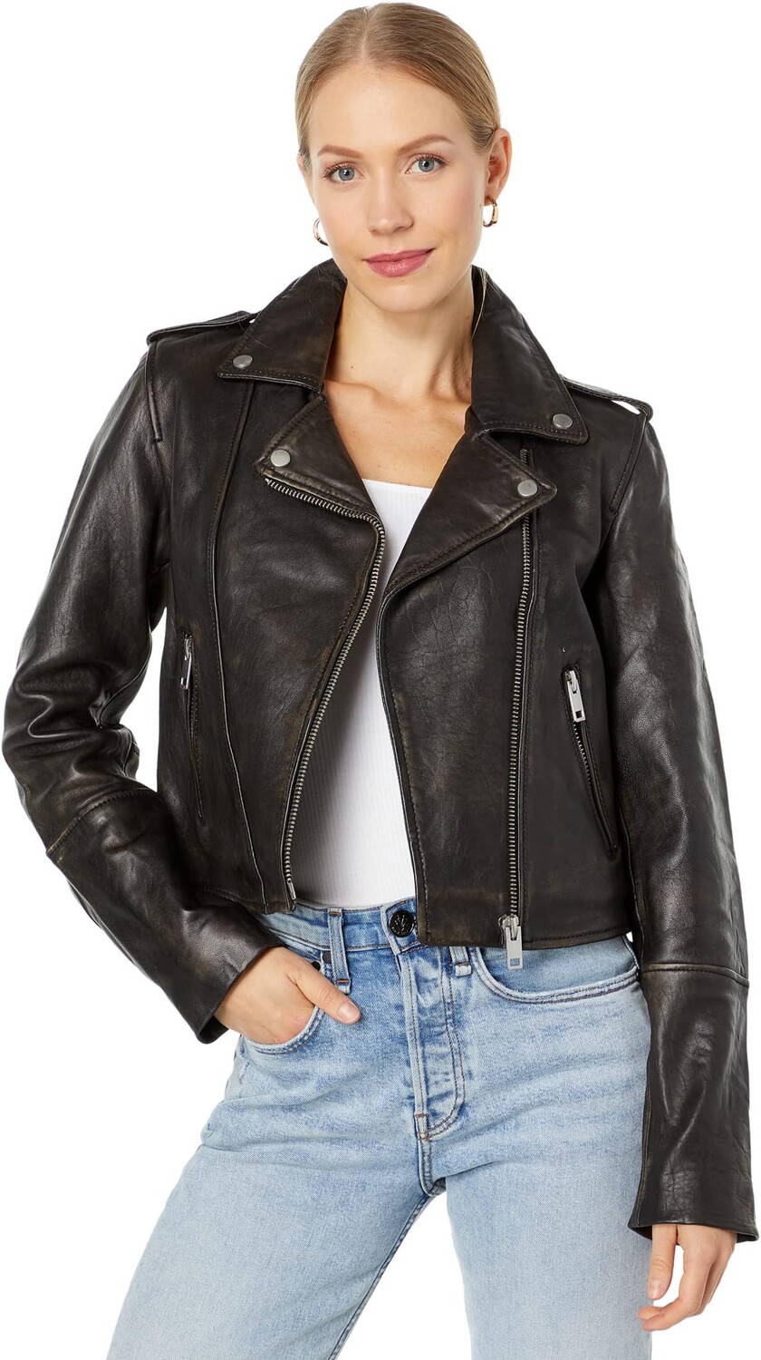 

Куртка Avec Les Filles Vintage Wash Cropped Leather Biker, цвет Washed Black