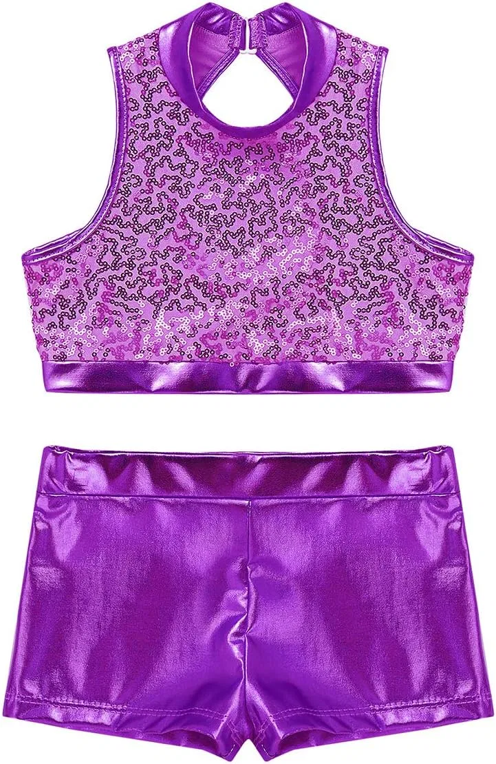 Детский спортивный комплект с пайетками vastwit, топ и шорты, Mock Neck Purple — фото 3
