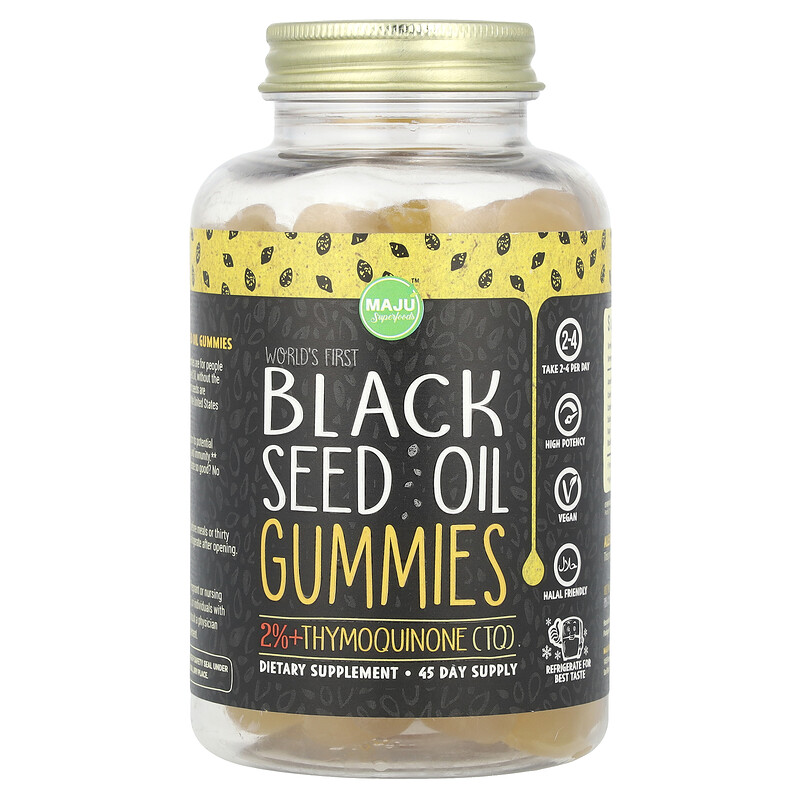 

Maju Superfoods, Первые в мире жевательные мармеладки с маслом черного тмина, 500 мг, 45 жевательных таблеток (250 мг в 1 жевательной мармеладке)