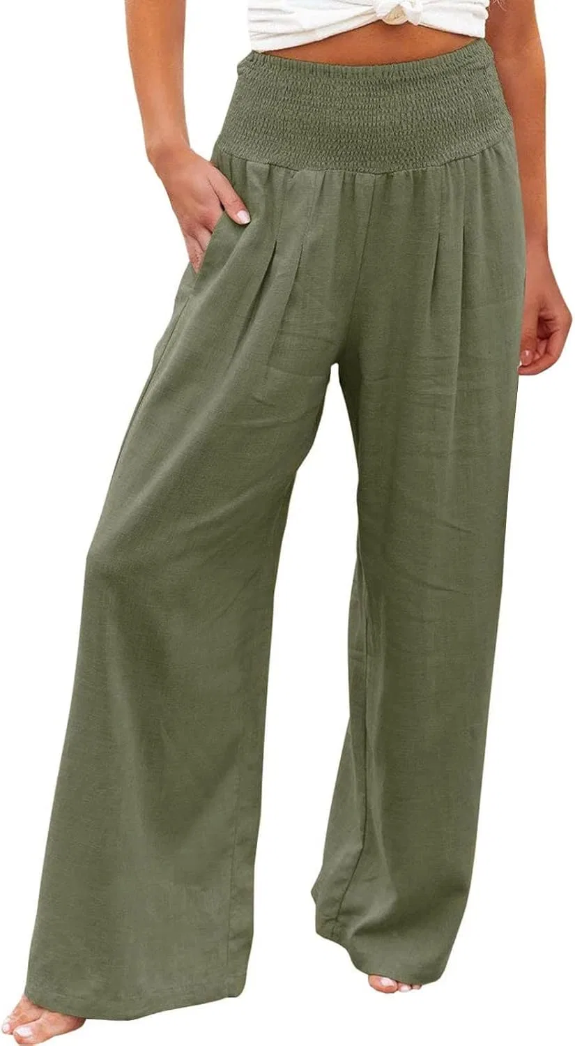 Штаны женские широкие с завязками, хлопок и лен, A02_army Green