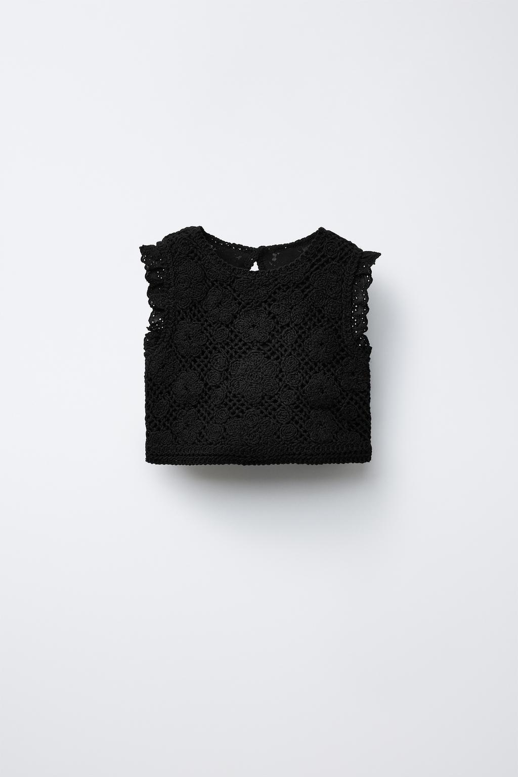 

Кружевной вязаный топ крючком ZARA, черный