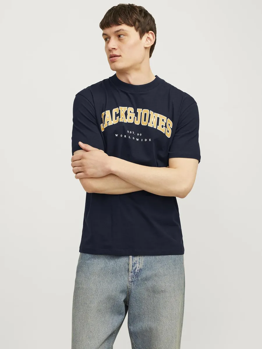 

Рубашка с круглым вырезом Jack & Jones "JJECALEB VARSITY TEE SS O-NECK NOOS", синий