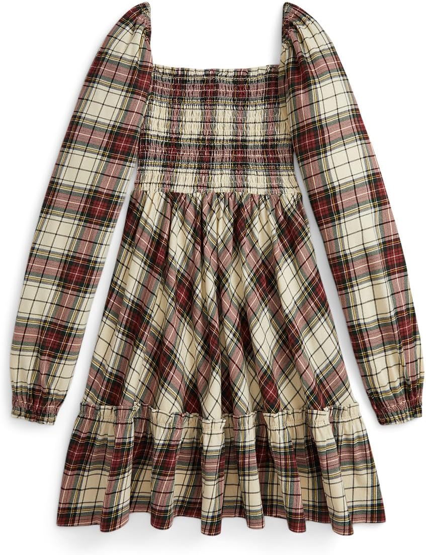 Платье из хлопкового джерси с оборками в клетку Polo Ralph Lauren Kids, Cream Stewart Tartan — фото 2