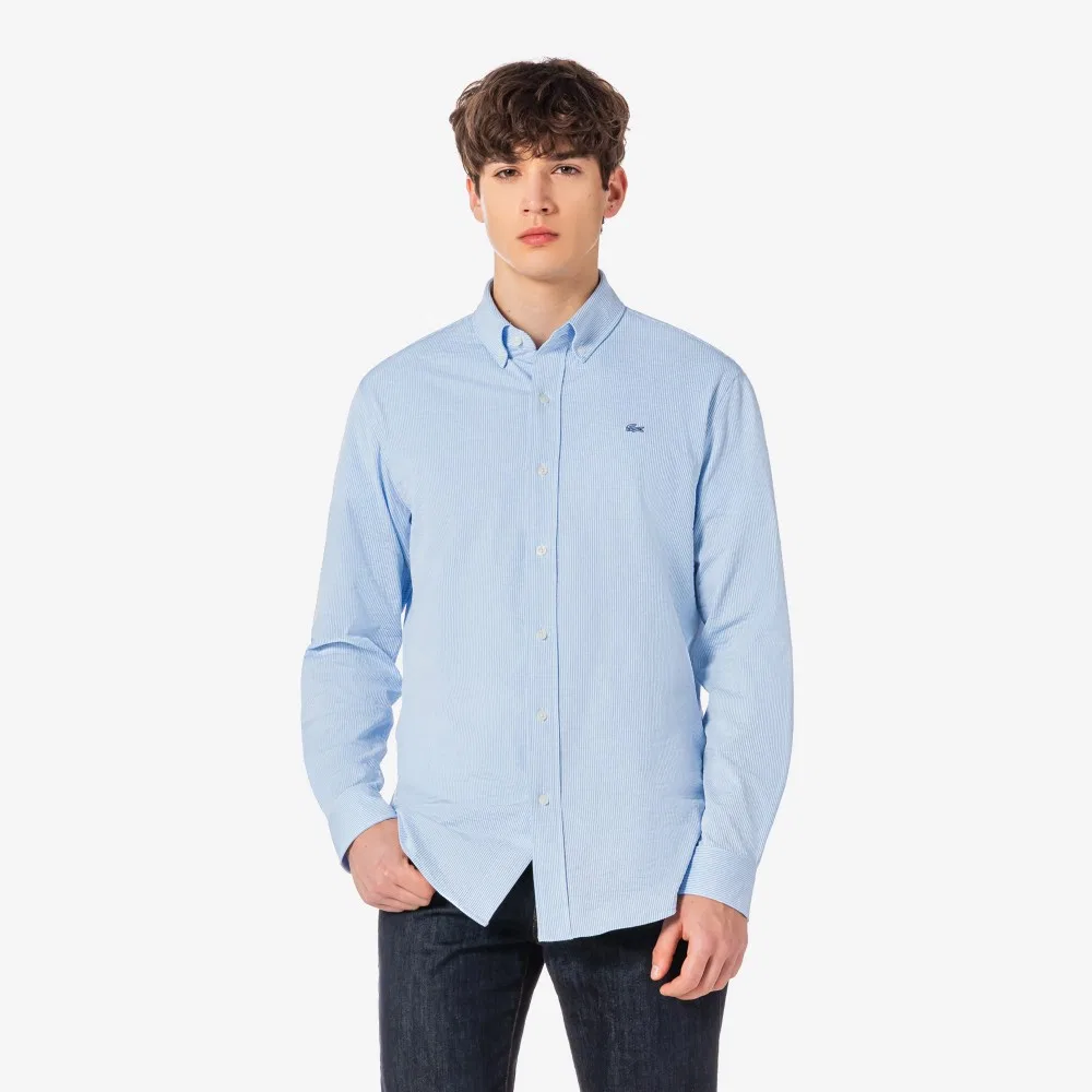 Мужская полосатая рубашка из джерси серо-голубая от Lacoste
