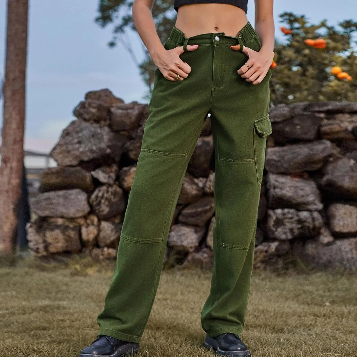 Штаны карго для активного отдыха, высокие, широкие, Y2K, Army Green — фото 2