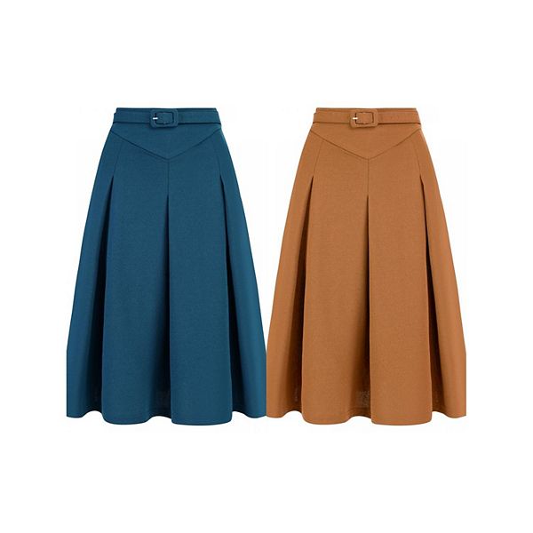 

2 упаковки женских повседневных плиссированных коротких юбок с поясом Allegra K, Brown Blue