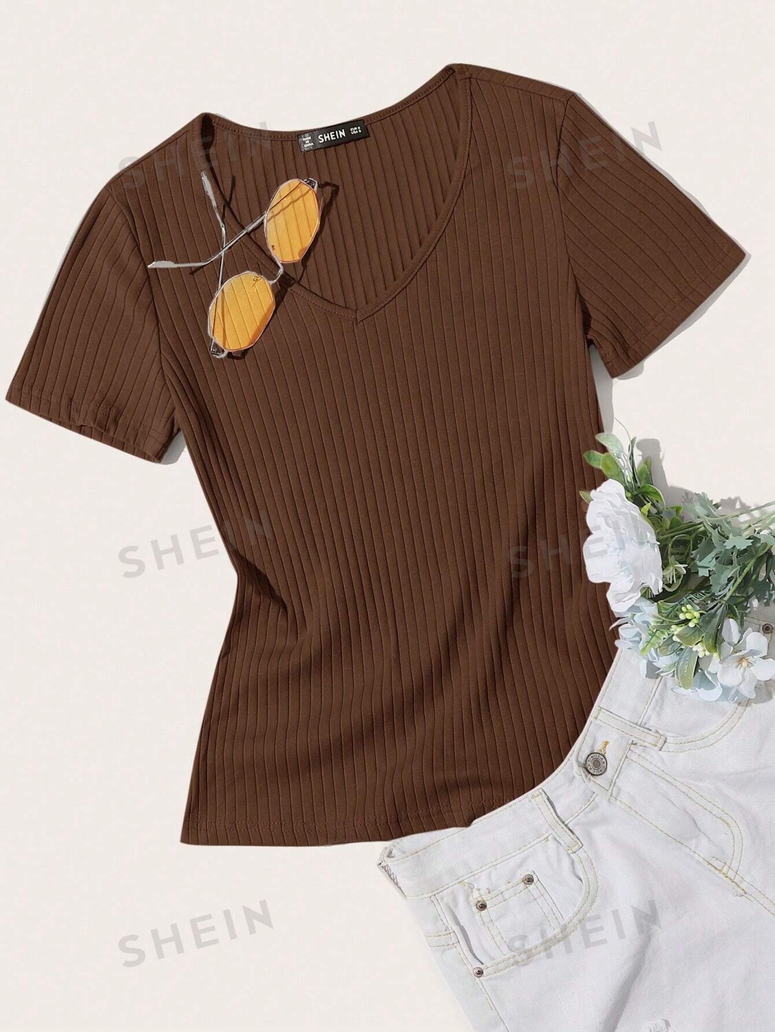 

Футболка трикотажная Shein Essnce в рубчик, кофейный