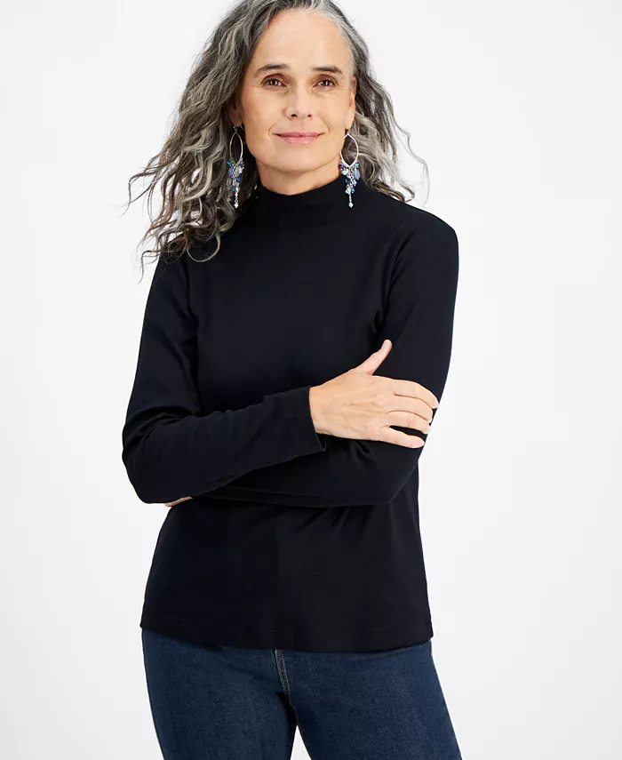 

Футболка Petite с воротником-стойкой и длинными рукавами из хлопка Style & Co, черный