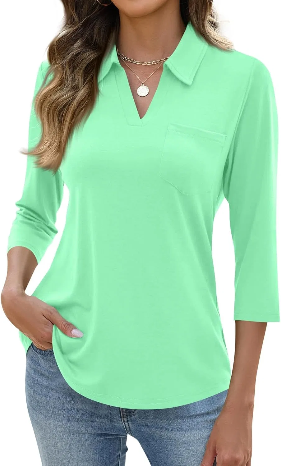 Поло для женщин с V-образным вырезом, 3/4 рукав, с карманом, B115-mint Green