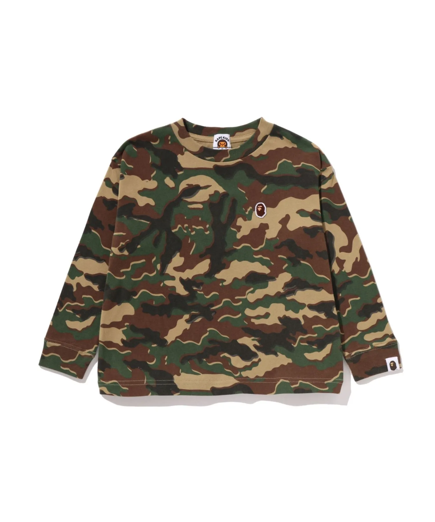 Детская футболка с длинным рукавом A BATHING APE GLITCH WOODLAND CAMO с логотипом зелёного цвета