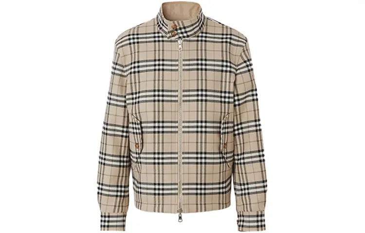 

Двусторонний клетчатая куртка Харрингтон из шерсти и хлопка Burberry, Soft Tawny