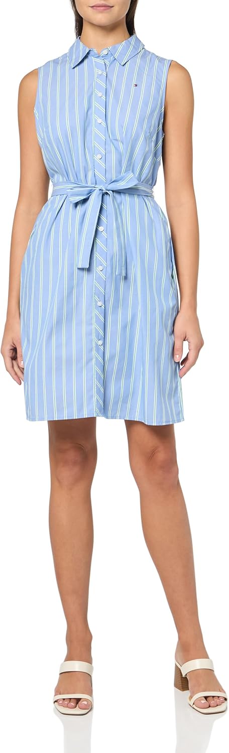 

Женское мини-платье-рубашка Tommy Hilfiger без рукавов с воротником, пуговицами спереди и завязкой на талии, French Blue/Fern Green