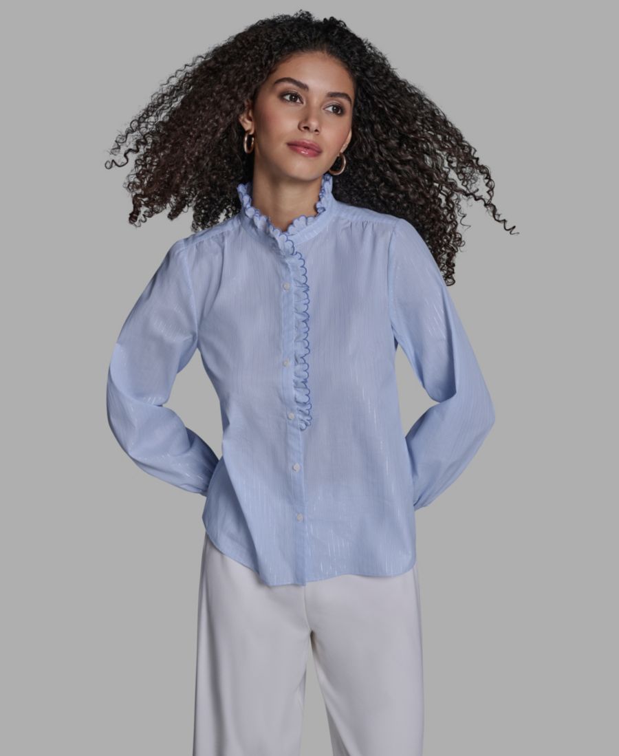 

Женская блузка с длинными рукавами и воротником BCBG, Blue/White Silver Lurex