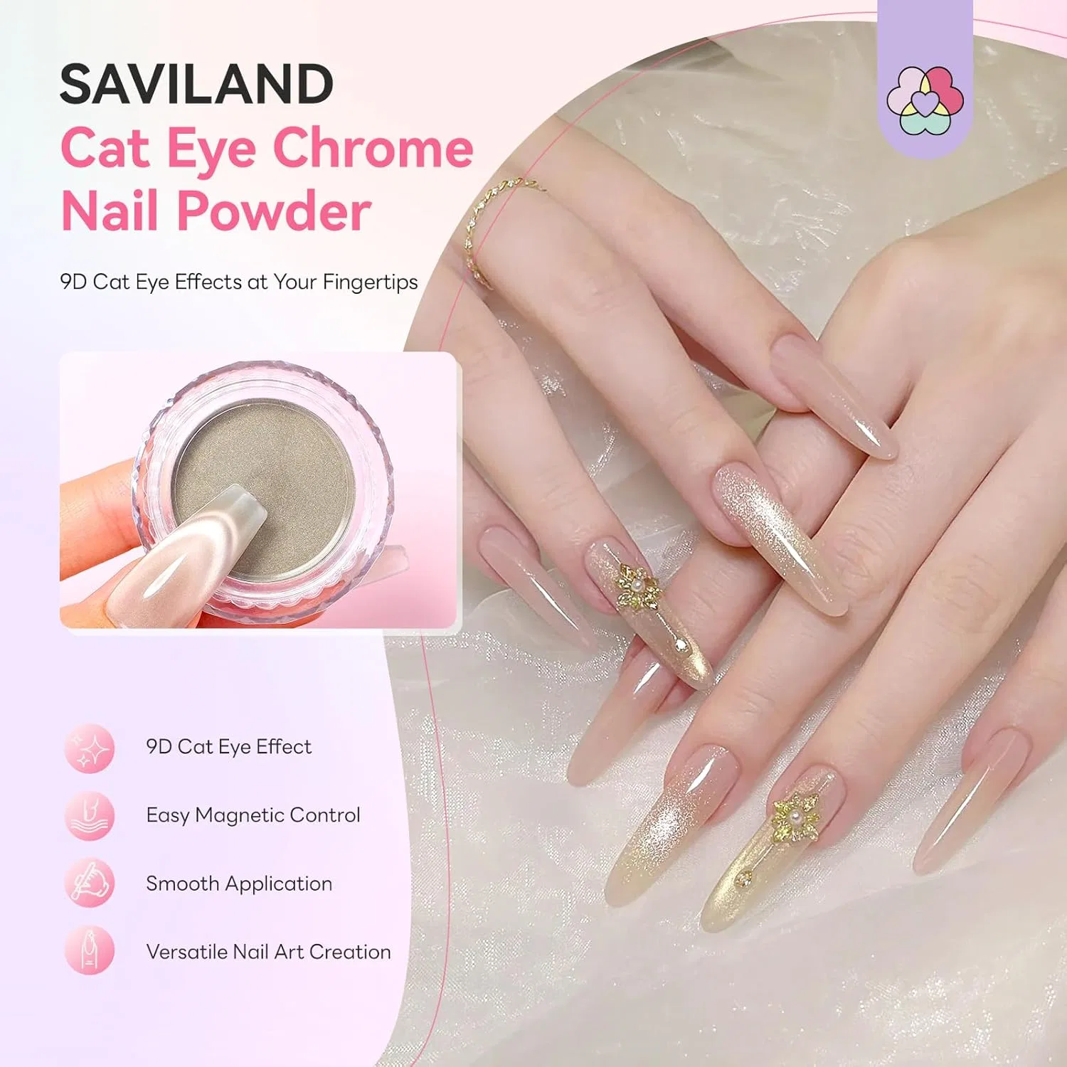 Ручка-аппликатор SAVILAND для хромированной пудры с воздушной подушкой Saviland, 01 Glass Cat Eye Chrome Powder + Magnet — фото 2