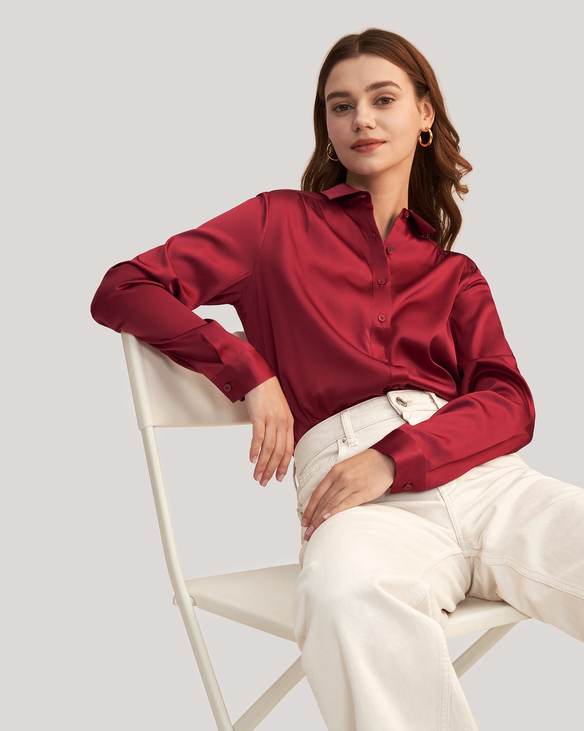 

Шелковая блузка с длинными рукавами и воротником LILYSILK, бордовый