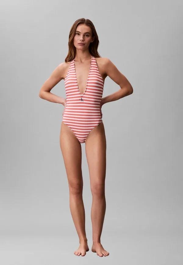 Купальник с глубоким вырезом и графической монограммой Calvin Klein Swimwear, Orange/White — фото 2
