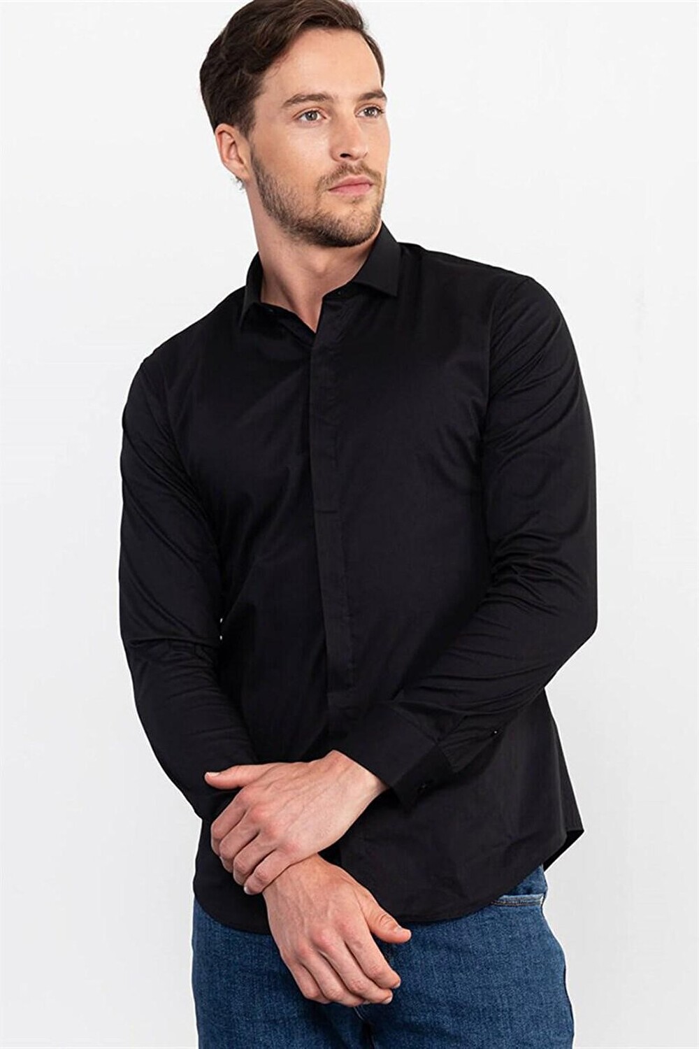 

Мужская черная рубашка Super Slim Fit из хлопка и лайкры TUDORS