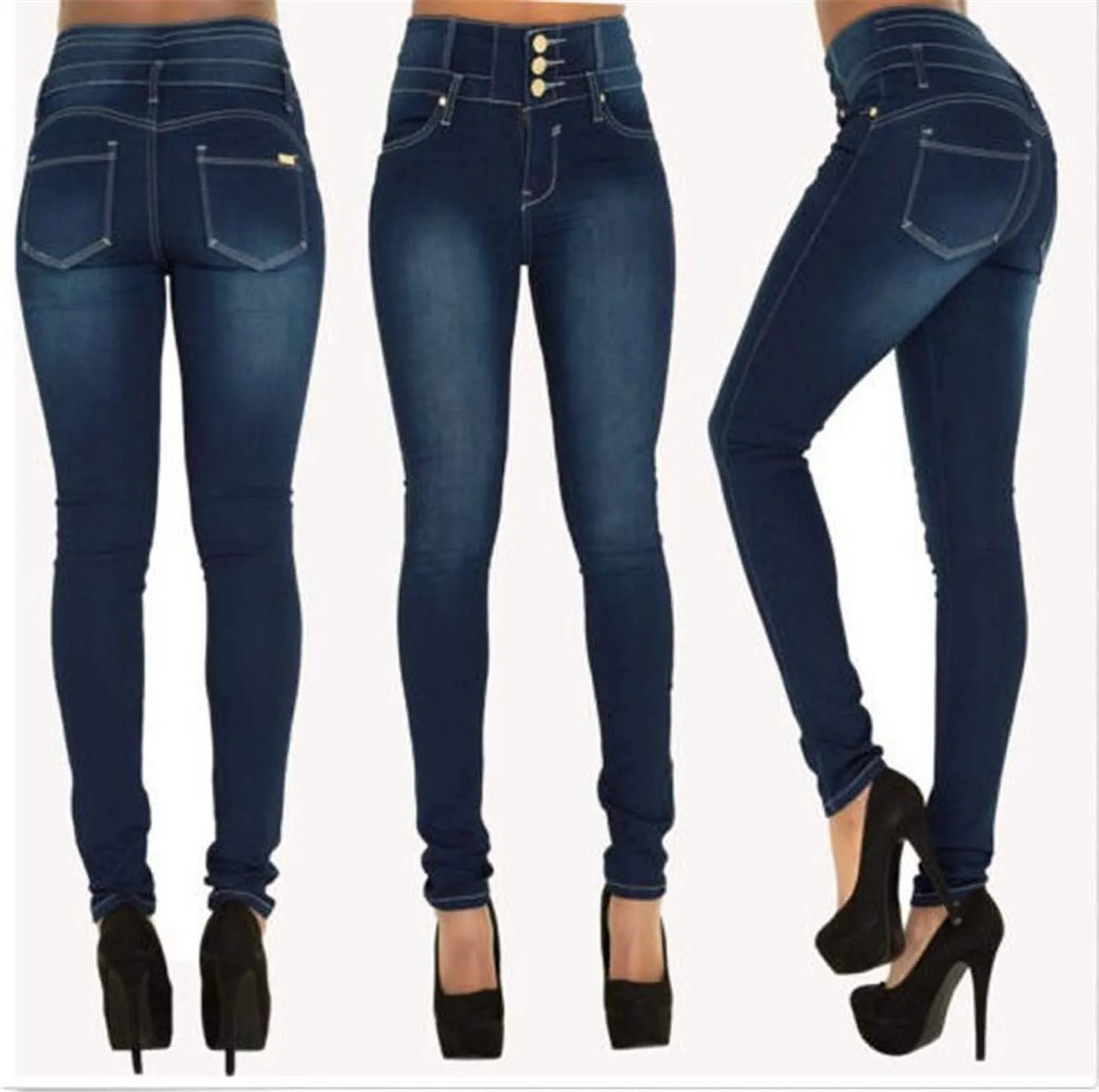 Женские джинсы Andongnywell High Waist Slim Button Denim Pants — фото 4