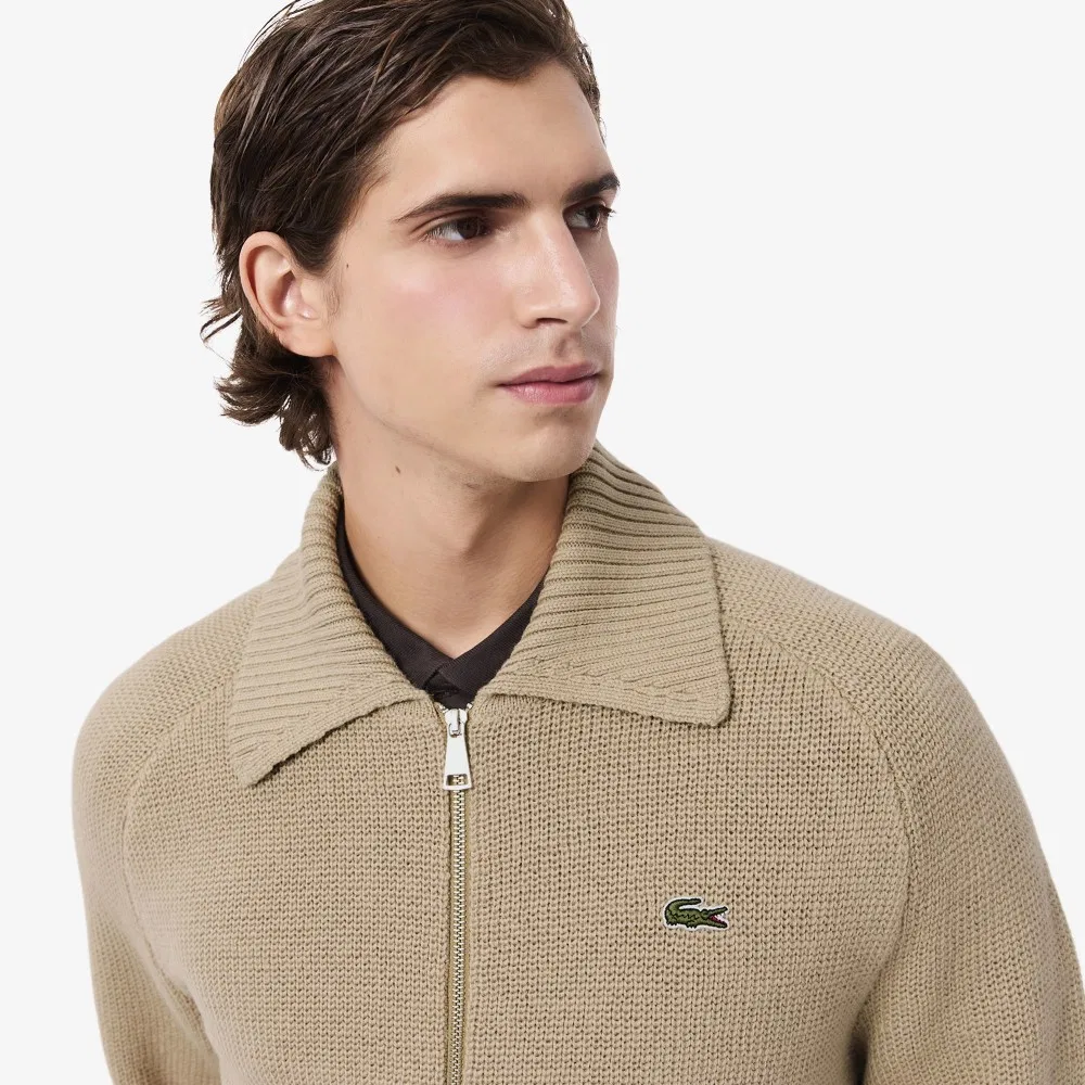 Мужской шерстяной вязаный жакет на молнии с воротником бежевый от Lacoste — фото 2
