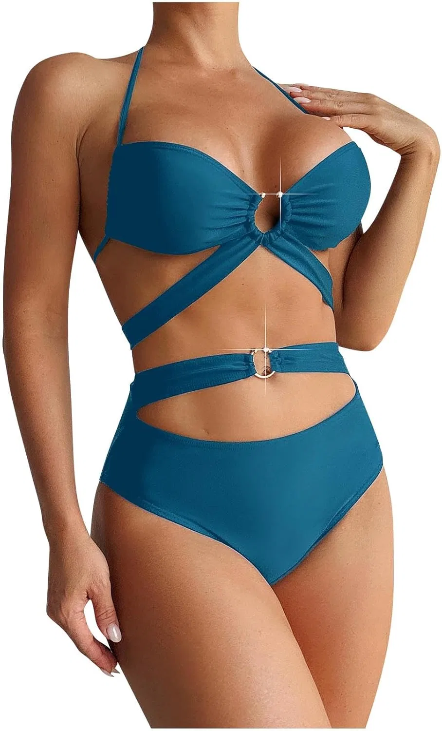 Женский цельный купальник бандо с высокой талией, Light Blue