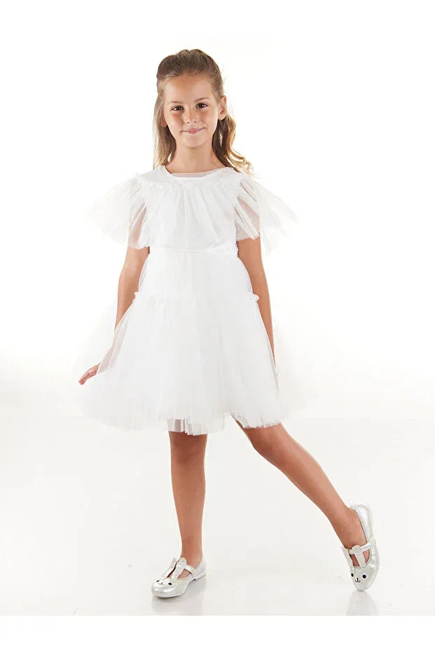 Детское платье из фатина с рюшами Silvery tulle tutu puffy girl's dress Daisy, White