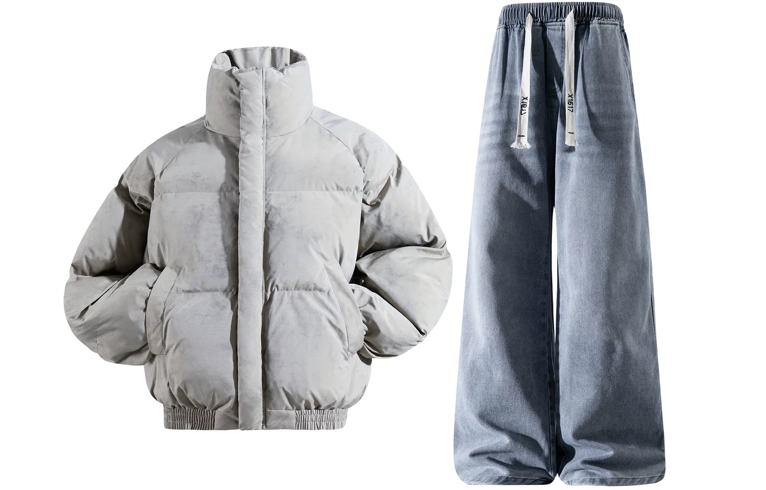 Детский комплект из куртки-пуховика и джинсов с флисовой подкладкой X1617, Gray Puffer Jacket+Blue Jeans