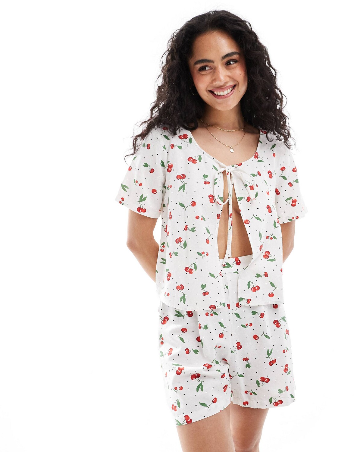 

Рубашка Only Linen Mix Tie Front Co-ord In Cherry Print, белый