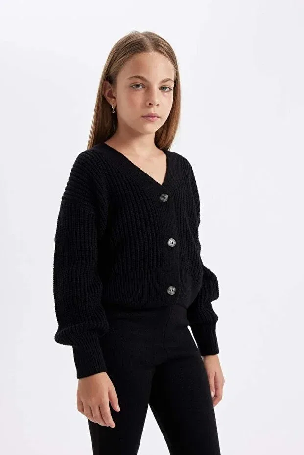 Детский кардиган для девочек с длинным рукавом Basics Defacto, Black — фото 3