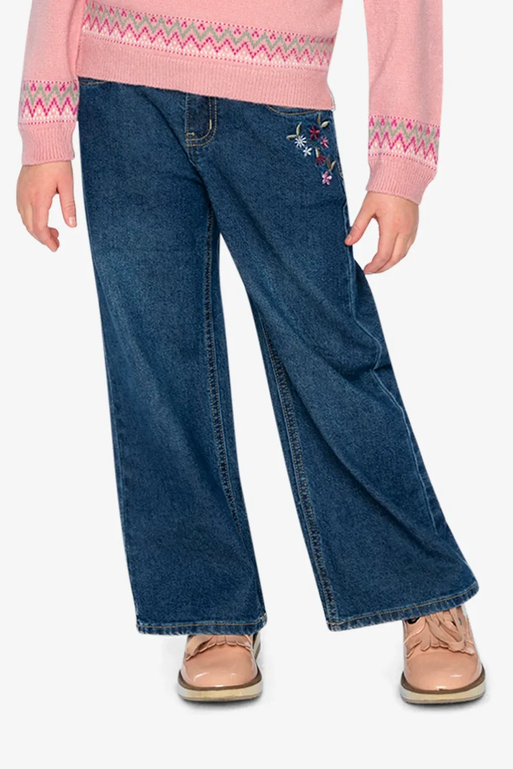Детские джинсы для девочек с вышивкой цветами Soft Poetry Deux par Deux, Light Blue Denim — фото 2