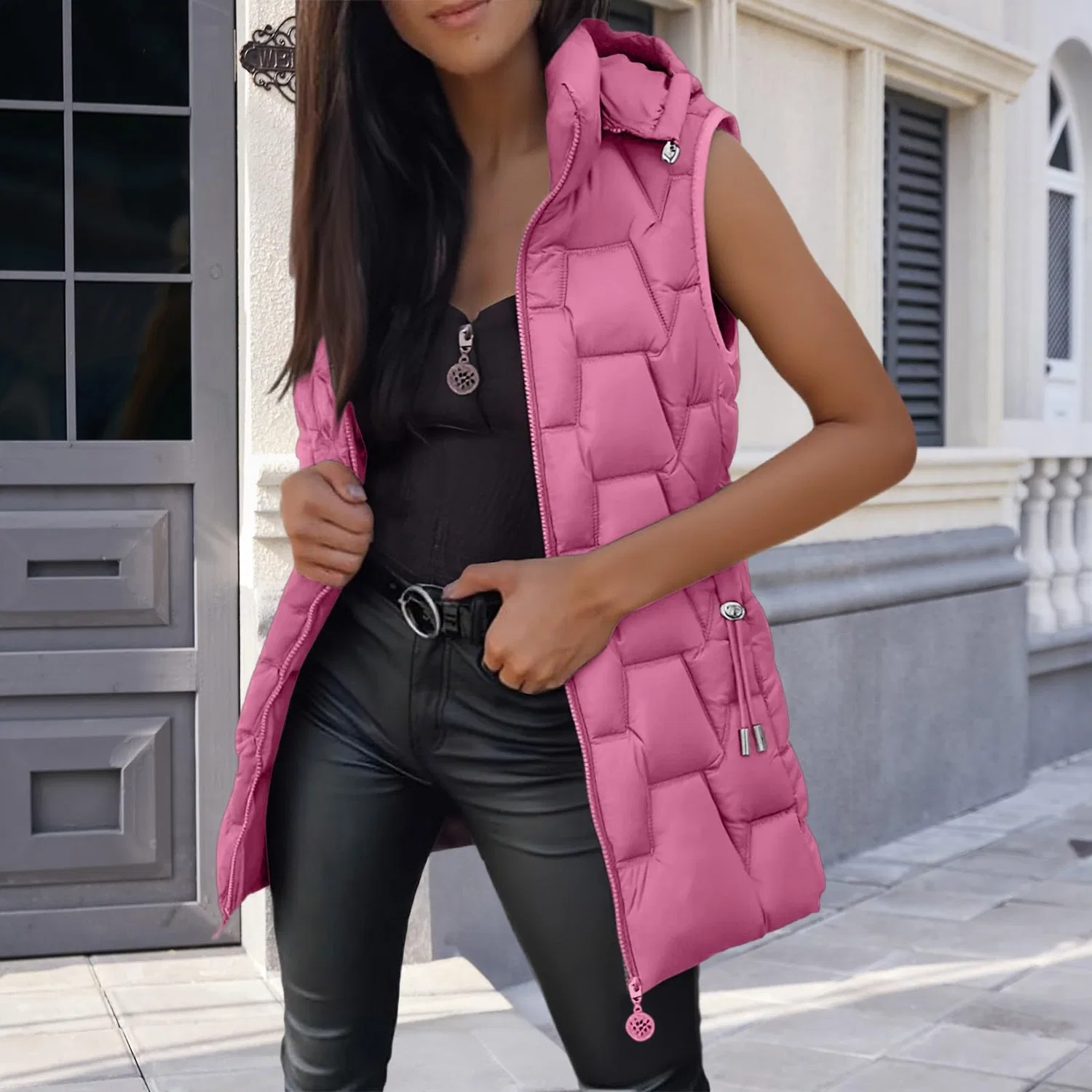 Женский стеганый жилет средней длины с капюшоном, rosa — фото 4