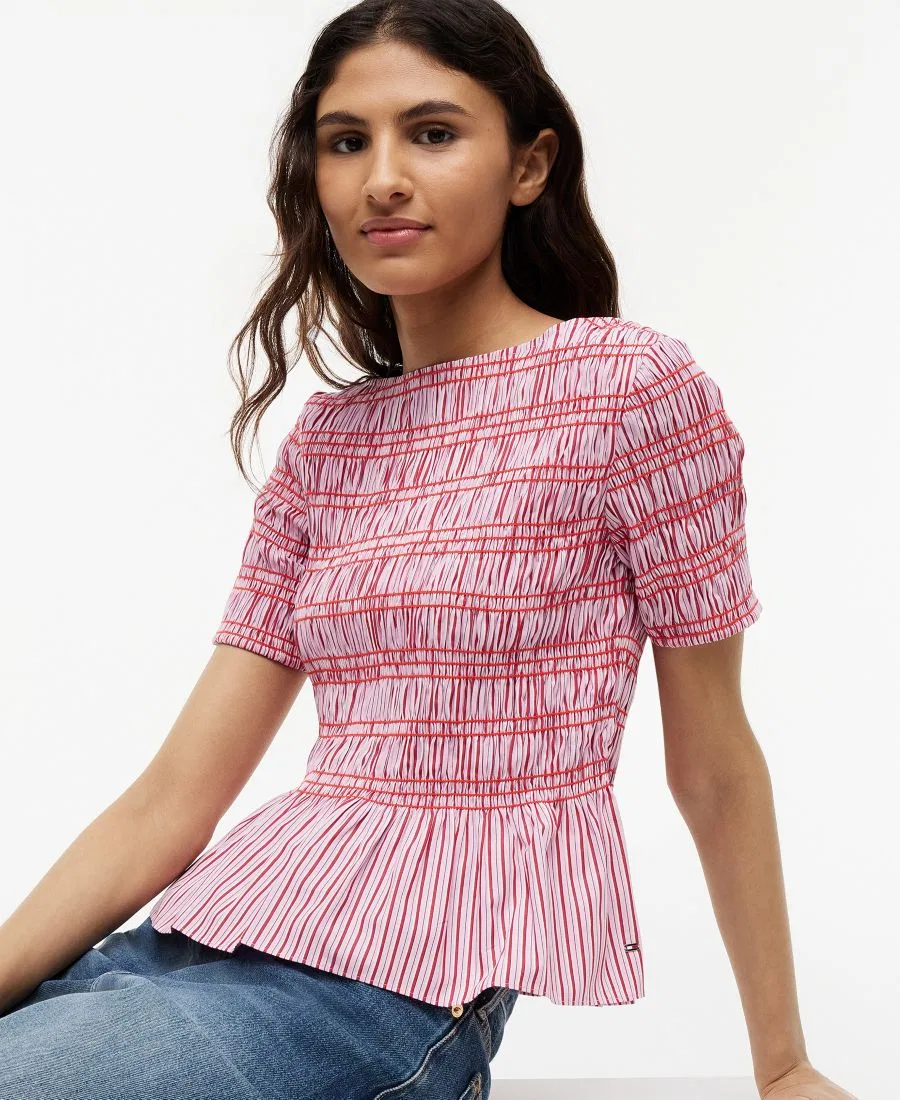 Топ с плиссировкой и полосками, с лодочкой, короткий рукав, 100% хлопок Tommy Hilfiger, Pink Multi Stripe — фото 3