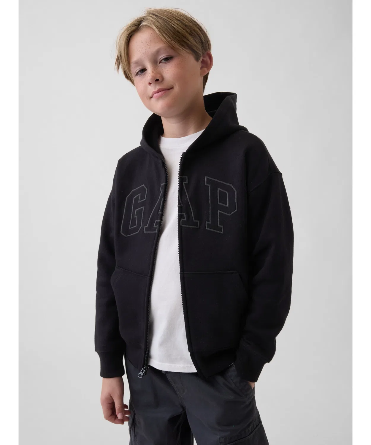 Детский худи с капюшоном на молнии с логотипом GAP, Relaxed Fit, Black
