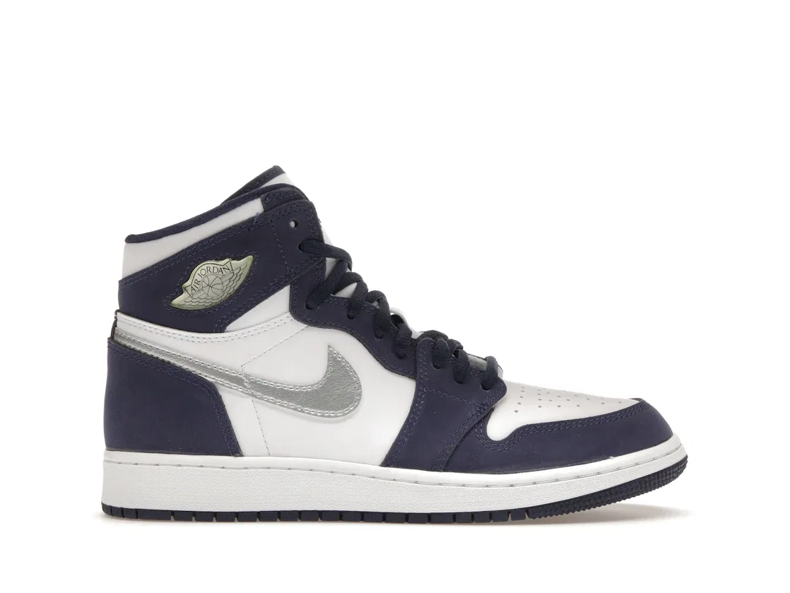 Детские кроссовки Lifestyle с принтом Jordan 1 Retro High CO Japan Midnight Navy Jordan, White/Metallic Silver-Midnight Navy