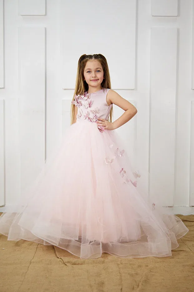 Детское платье для девочек без рукавов Powder Butterfly Girl Evening Dress Zühre Balaban, Powder