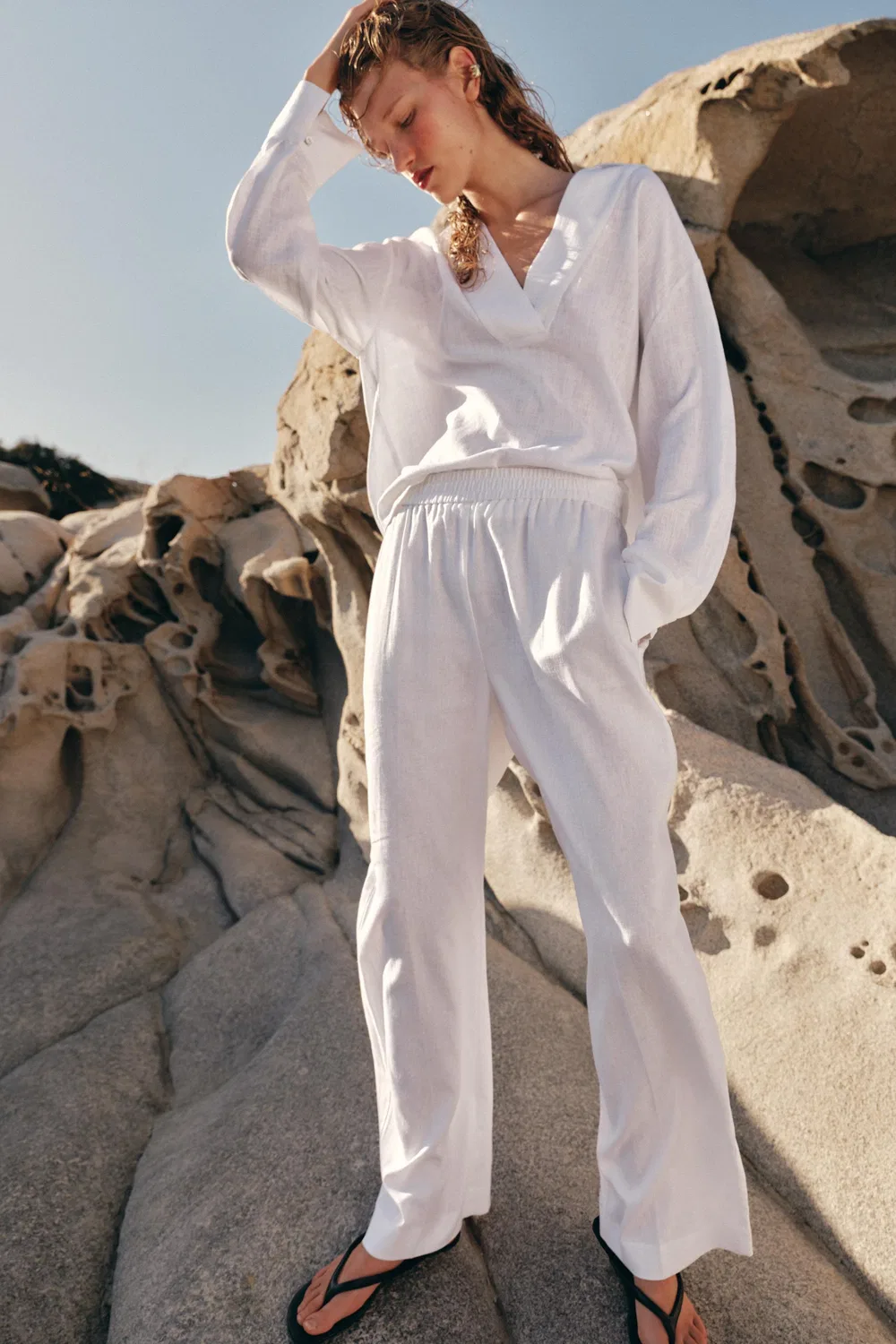 Прямые брюки из льна ZARA, Oyster-White