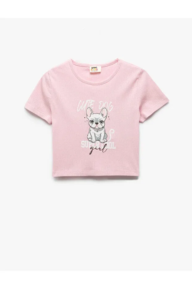 Детская футболка с принтом для девочек Dog printed cotton crew neck short sleeve t-shirt Koton, Rose