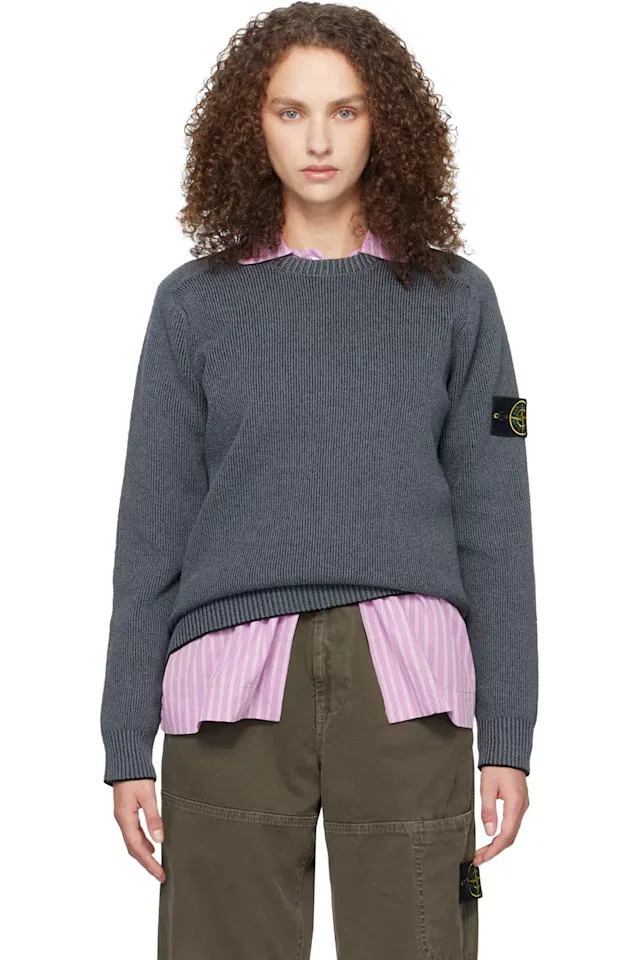 Серый свитер из хлопкового букле с нашивкой в рубчик Stone Island