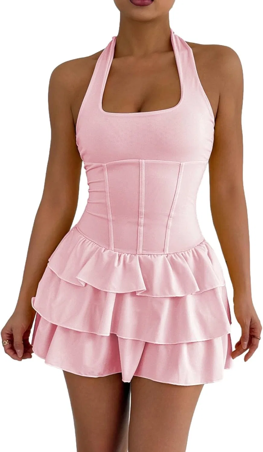 Женское мини-платье с рюшами bodycon, A01-pink