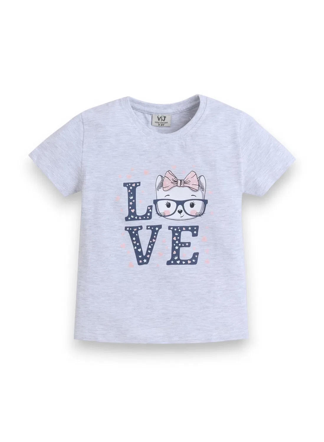 Комплект пижамы с принтом кошки и надписью LOVE, модель T-shirt & Full Pants, Victor And Jane, серый — фото 4