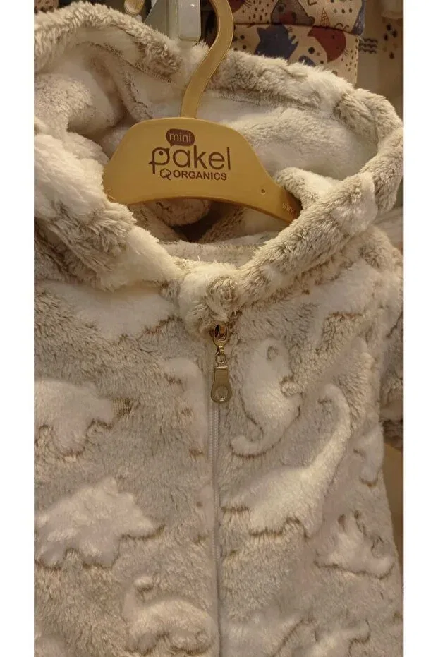 Детский комбинезон с принтом Dino pattern winter, thick welsoft plush, hooded, unisex baby girl and boy jumpsuit with zippered booties Mamman'S, Beige — фото 4