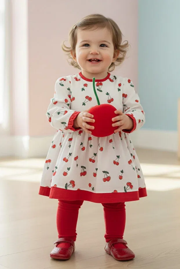 Детское платье для девочек хлопковое Cherry pattern Bertuğ Bebek, Çok Renkli