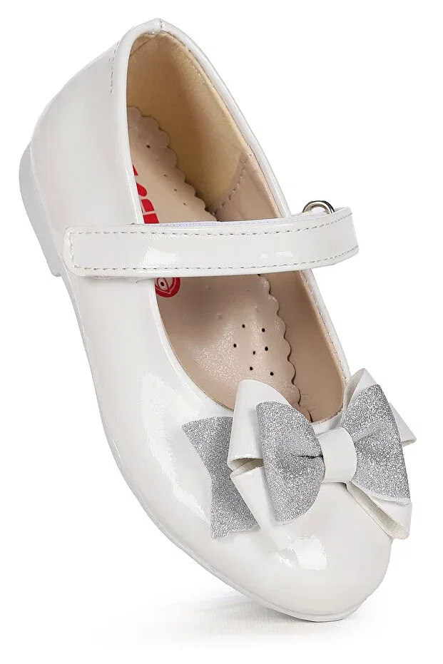 Детские балетки для девочек с блестками и бантом Silvery patent leather velcro sand glitter bow girls' ballerina shoes Kiko Kids, White
